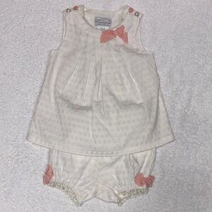Heirlooms Polly flinders cream  Textured Dress Bloomers Pink Bows lace insert 9m